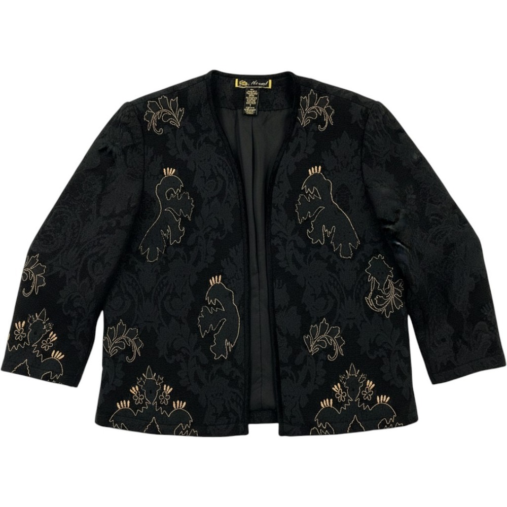 Mirasol Black Silk Blend Damask Embroidered Open Front Jacket Large